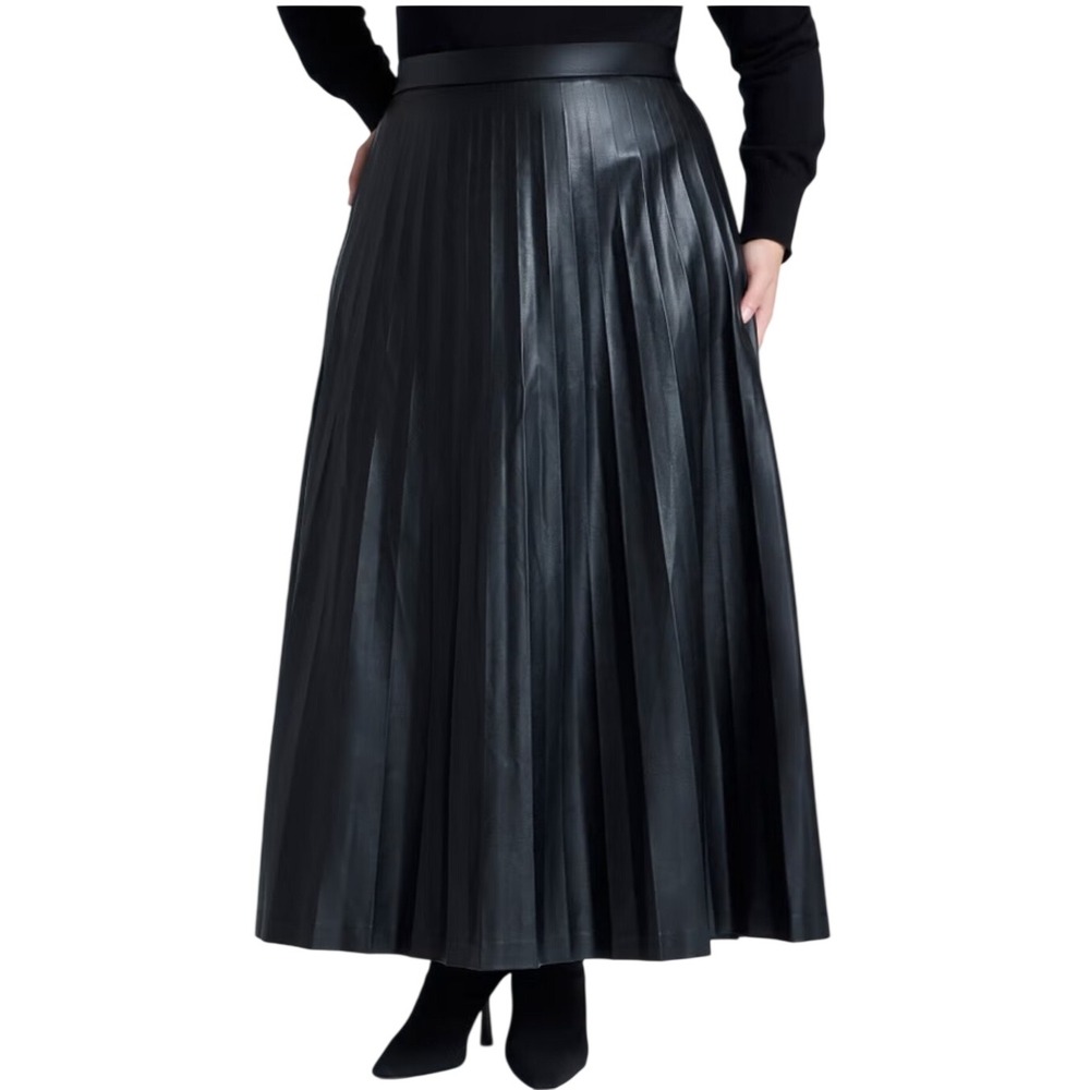 Eloquii Elements Skirt Womens 28 Black Faux Leather Pleated Midi High Rise